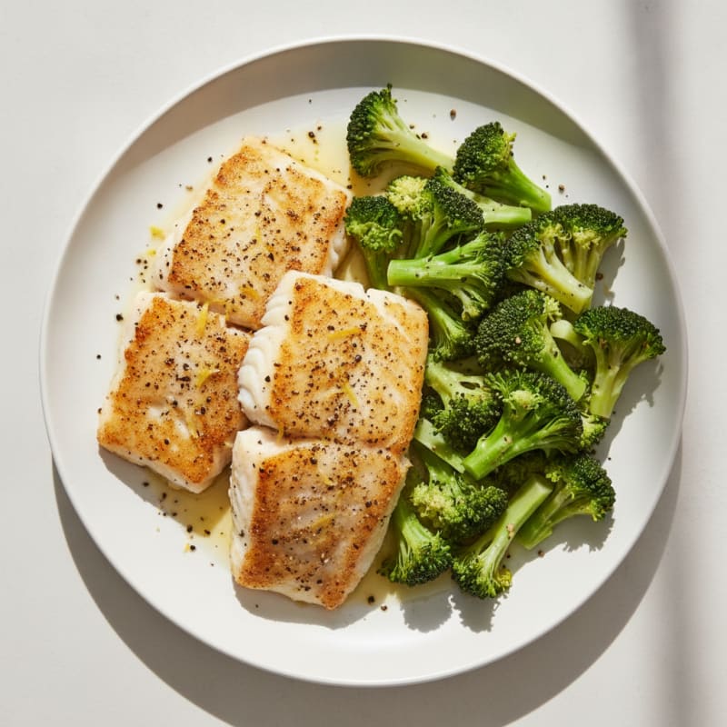 Air Fryer Lemon Pepper Cod with Steamed Broccoli