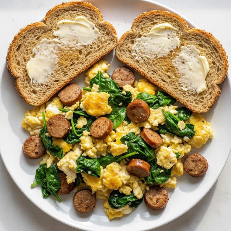 Egg White Scramble with Turkey Sausage and Sautéed Spinach
