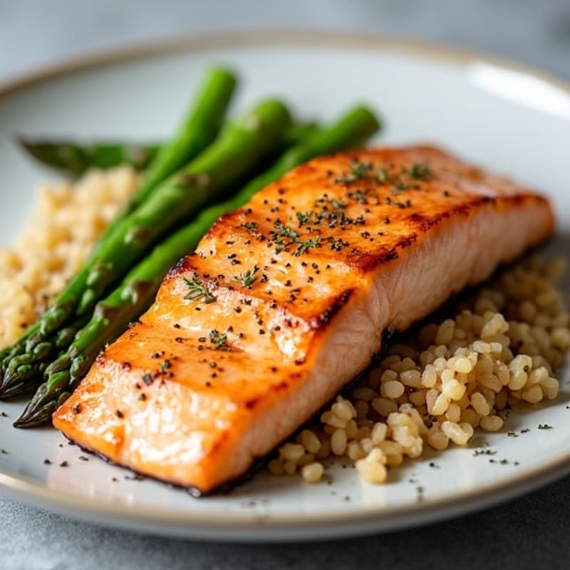 Seared Salmon with Steamed Asparagus and Brown Rice