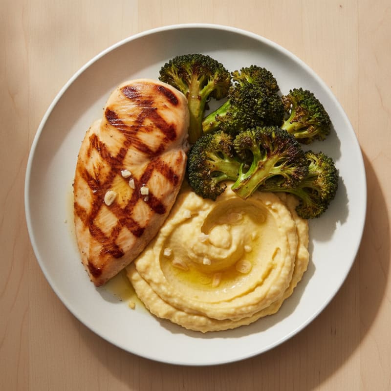Grilled Chicken Breast with Roasted Broccoli and Chickpea Mash