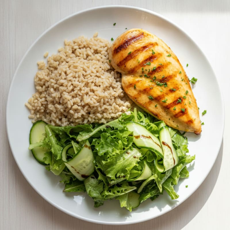 Grilled Chicken Breast with Brown Rice and Crisp Greens Salad