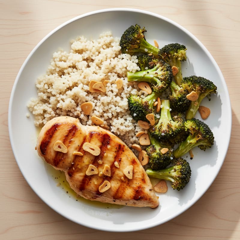 Grilled Lemon-Garlic Chicken Breast with Quinoa and Roasted Broccoli