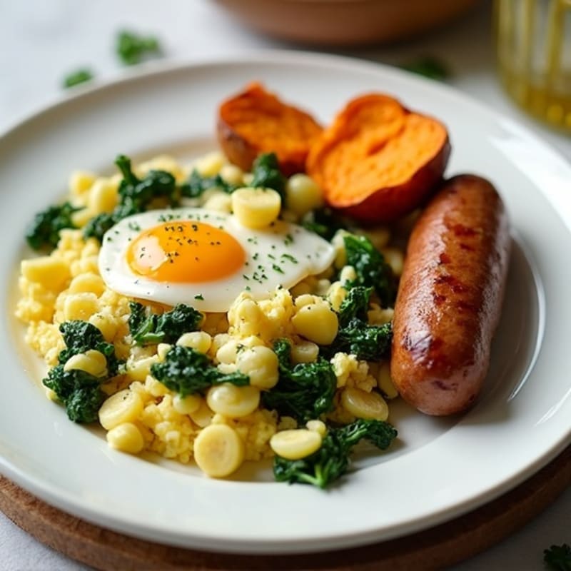 Egg White Spinach Scramble with Turkey Sausage and Roasted Sweet Potato