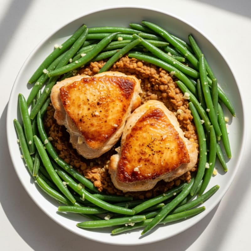 Oven-Baked Chicken Thighs with Garlic Green Beans and Lentil Mash