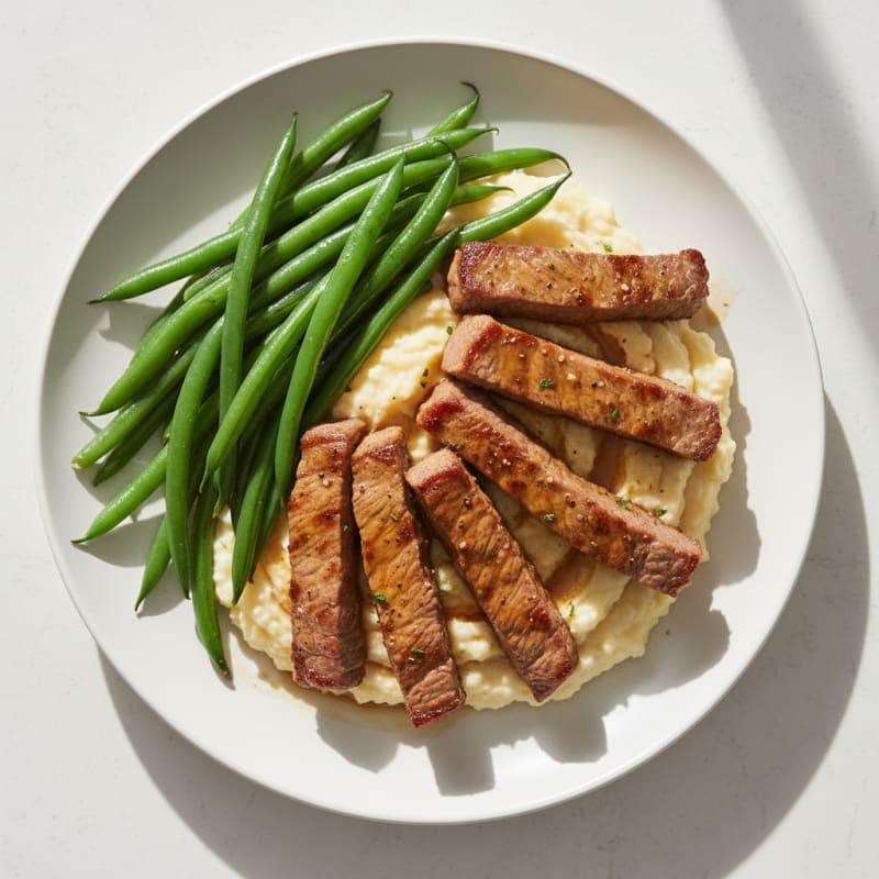 Seared Lean Beef Strips with Steamed Green Beans and Garlic Mashed Cauliflower