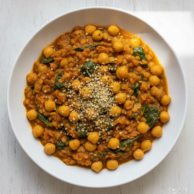 Lentil and Chickpea Stew with Leafy Greens and Hemp Seeds