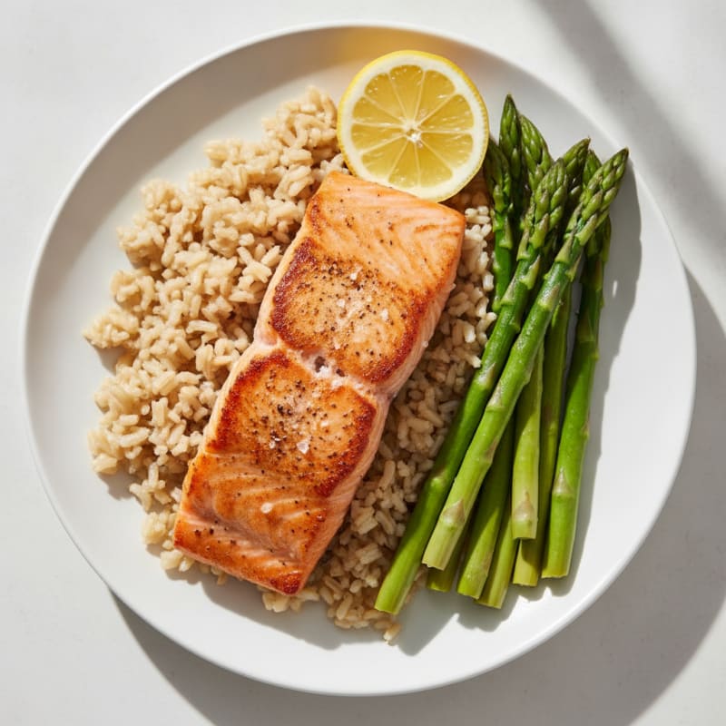 Seared Salmon with Steamed Asparagus and Brown Rice