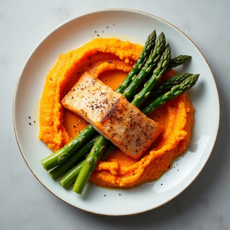 Seared Salmon with Roasted Asparagus and Sweet Potato Mash