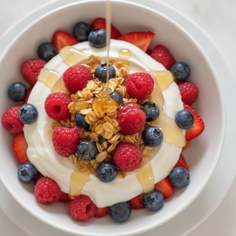 Greek Yogurt Parfait with Crunchy Almond Granola and Mixed Berries