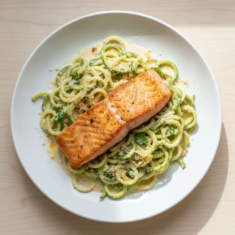 Seared Salmon with Creamy Garlic Parmesan Zucchini Noodles
