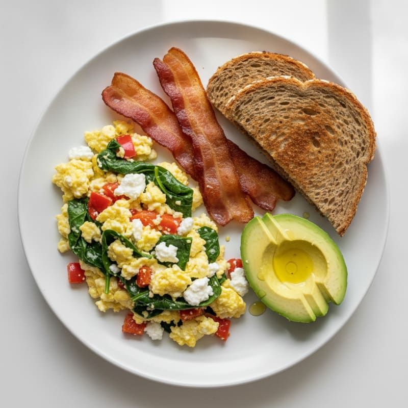Egg White Veggie Scramble with Cottage Cheese and Turkey Bacon