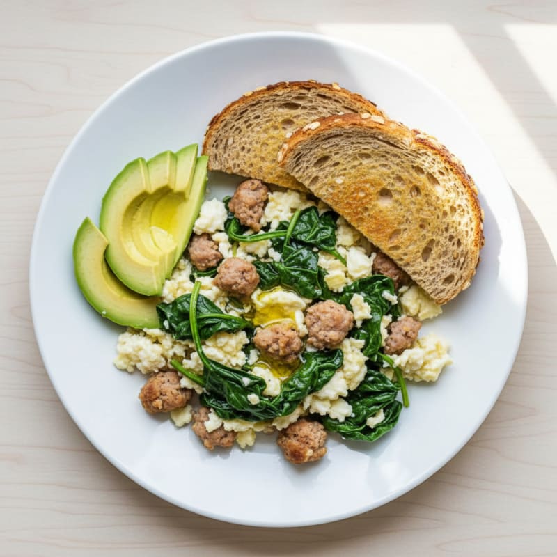 Egg White and Turkey Sausage Scramble with Sautéed Spinach