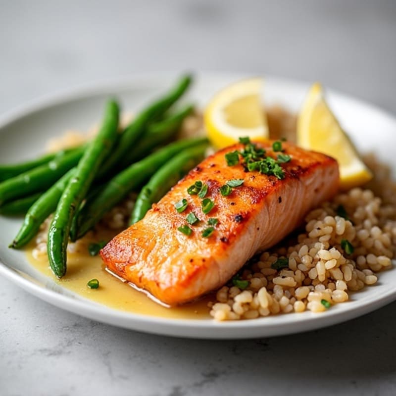 Seared Salmon with Lemon Garlic Green Beans and Brown Rice