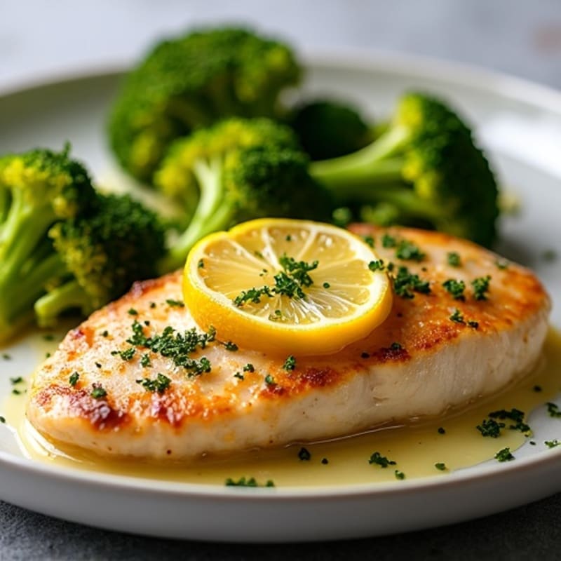Lemon Garlic Pan-Seared Chicken Breast with Roasted Broccoli