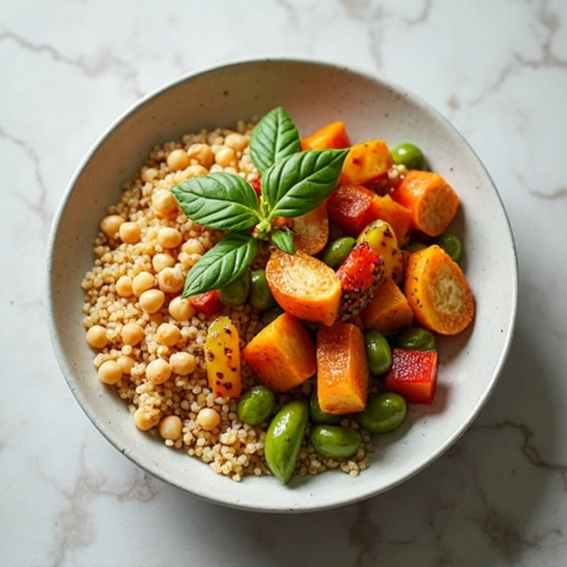 Creamy Tahini Roasted Vegetable & Crispy Chickpea Quinoa Bowl