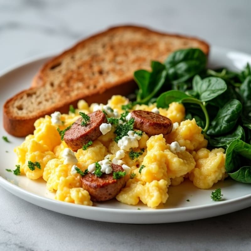 Egg White and Turkey Sausage Scramble with Sautéed Spinach