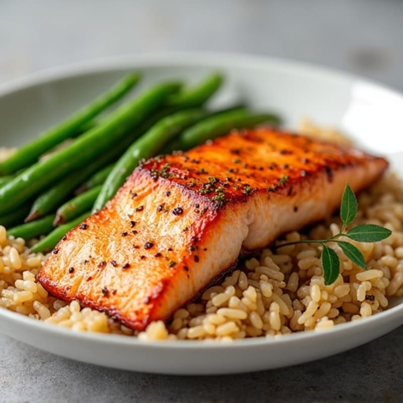 Seared Salmon Fillet with Garlicky Green Beans and Brown Rice