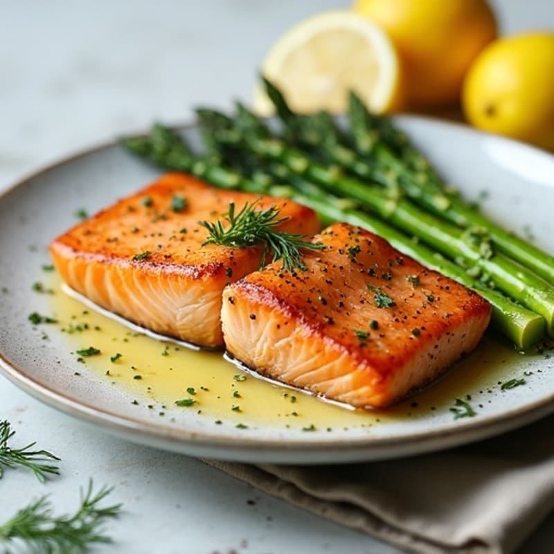 Flaky Roasted Salmon with Crispy Asparagus and Lemon-Herb Dressing