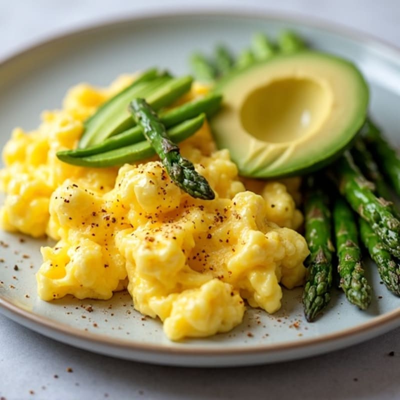 Fluffy Scrambled Eggs with Avocado and Roasted Asparagus