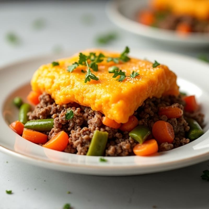Savory Lean Ground Beef and Roasted Vegetable Shepherd's Pie with Silky Sweet Potato Topping