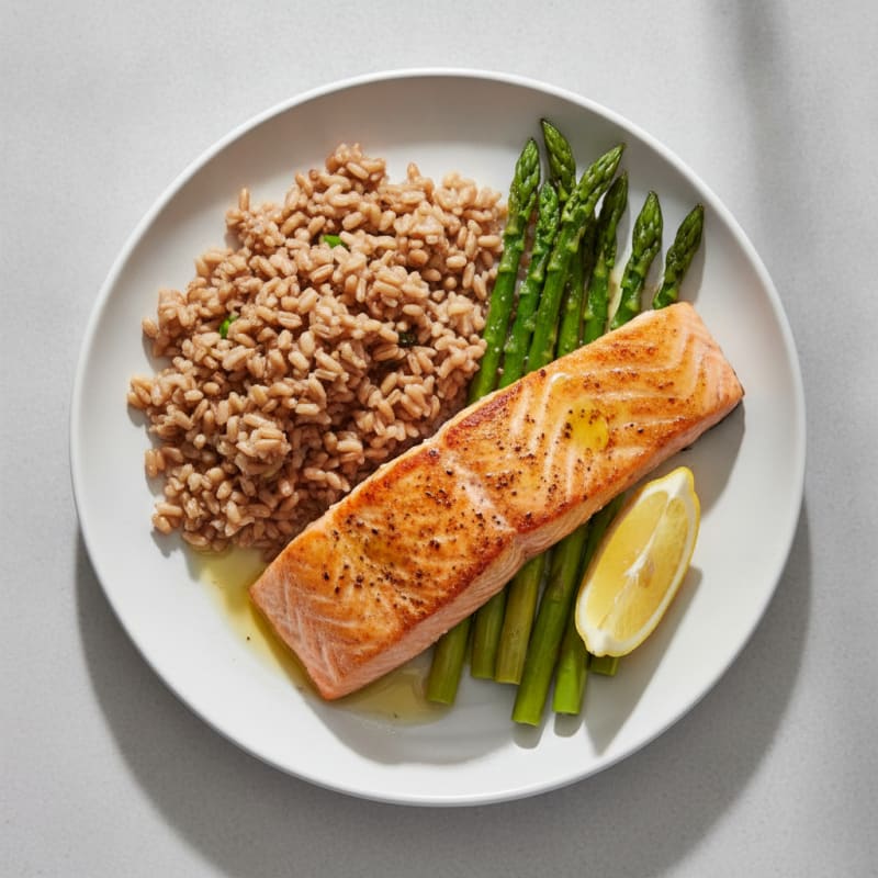 Seared Salmon Fillet with Steamed Asparagus and Brown Rice