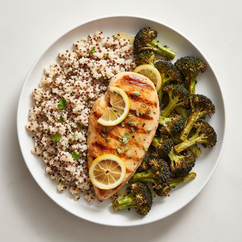 Grilled Lemon Herb Chicken Breast with Quinoa and Roasted Broccoli