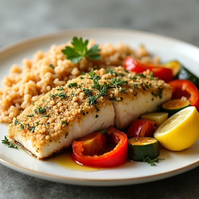 Baked Herb-Crusted Fish with Garlic Roasted Vegetables and Brown Rice