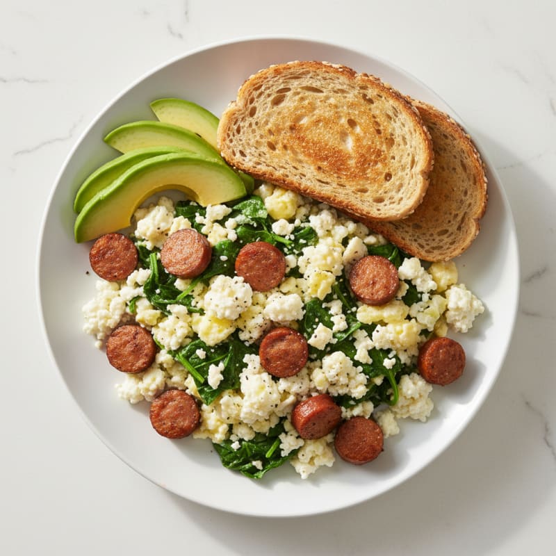 Cottage Cheese Scramble with Spinach and Turkey Sausage