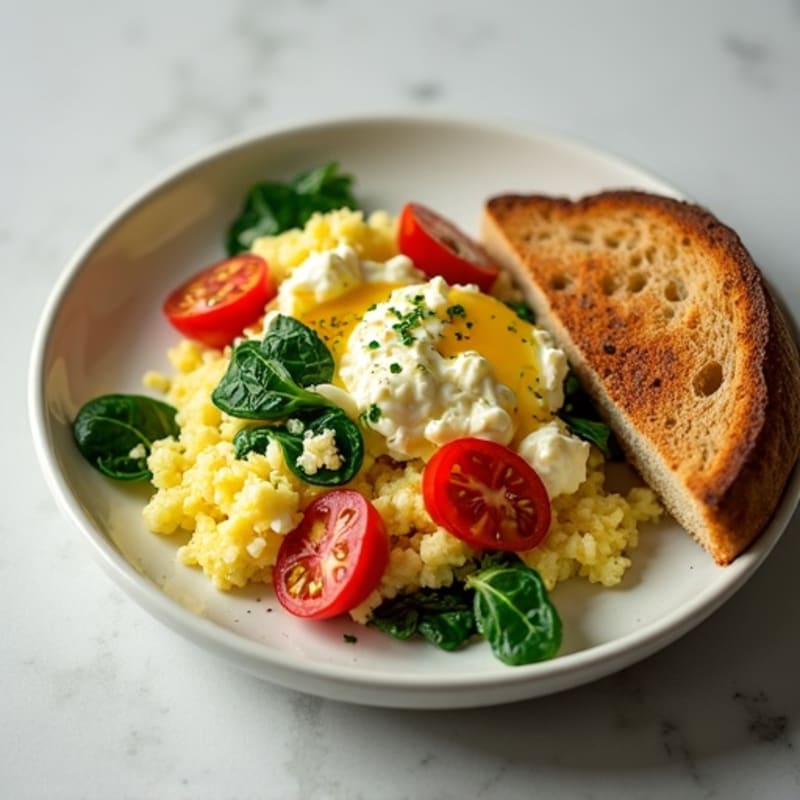 Egg White and Cottage Cheese Scramble with Spinach, Cherry Tomatoes & Toast