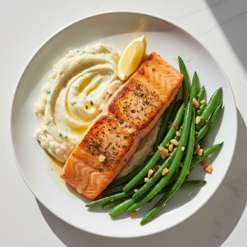 Seared Salmon with Garlic Green Beans and Mashed Cauliflower