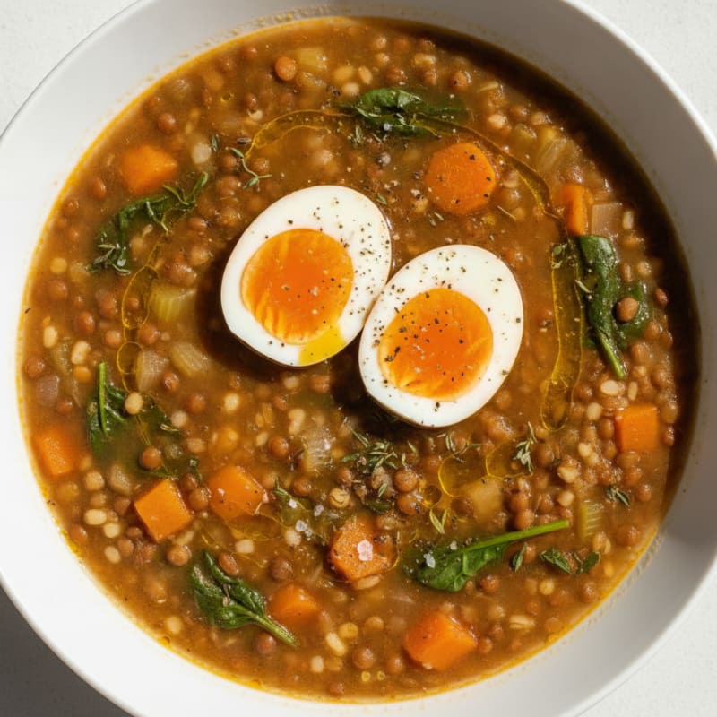 Hearty Lentil Bulgur Soup with Jammy Eggs