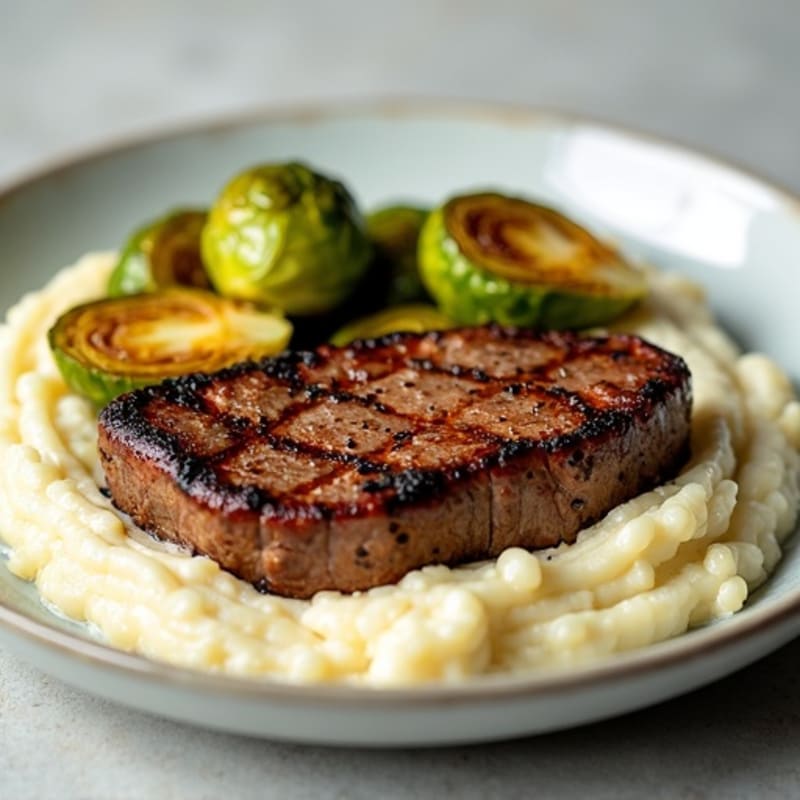 Seared Lean Beef with Roasted Brussels Sprouts and Cauliflower Mash