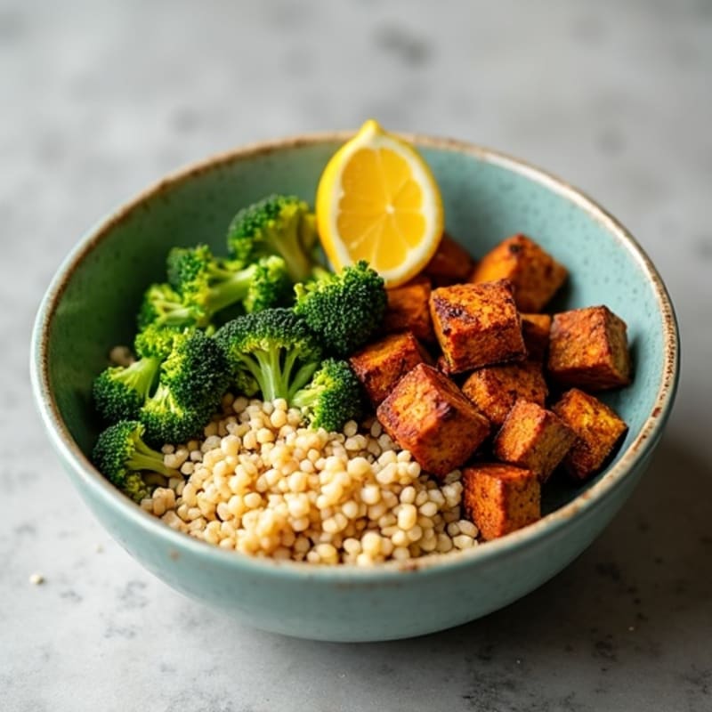 Crispy Tempeh Power Bowl with Quinoa and Roasted Broccoli