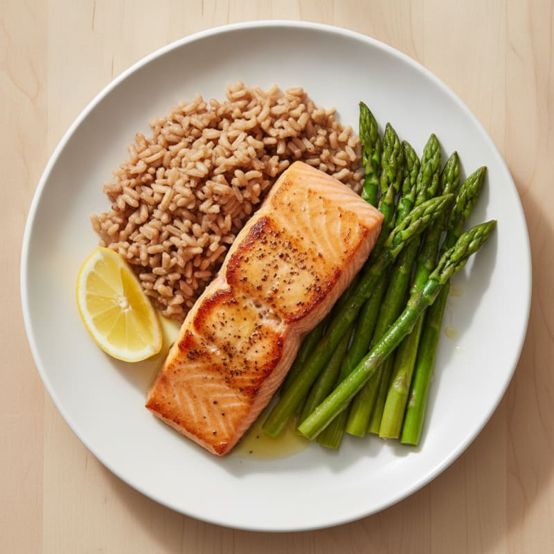 Seared Salmon with Steamed Asparagus and Brown Rice