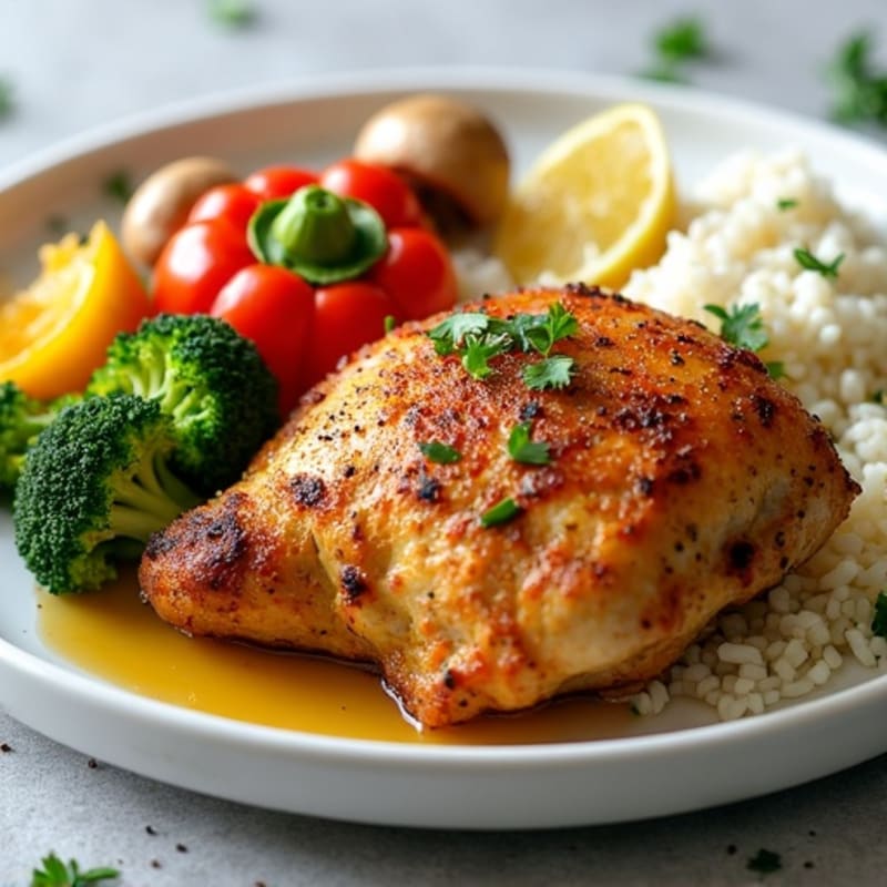 Crispy Lemon-Garlic Chicken Thighs with Roasted Broccoli, Sweet Peppers, Mushrooms, and White Rice