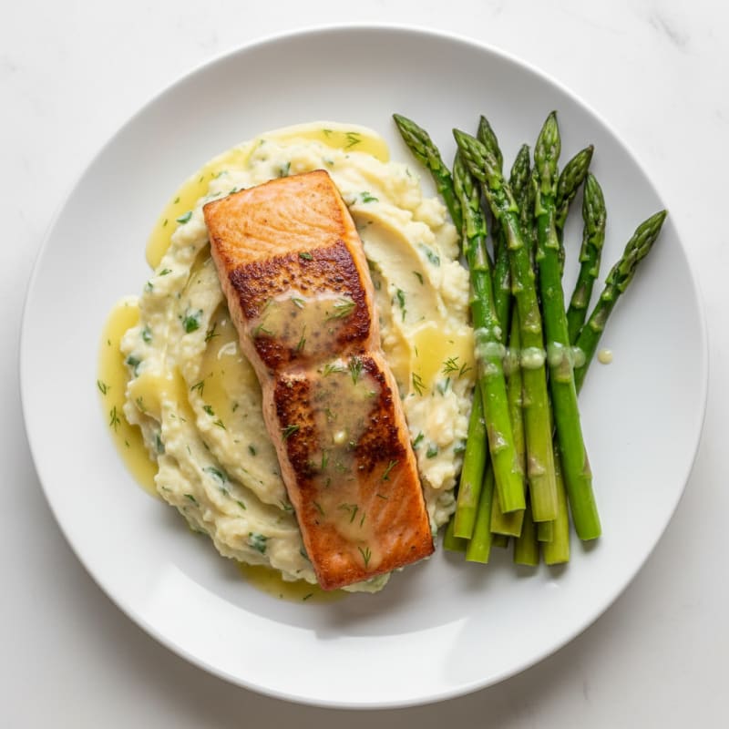 Seared Salmon with Steamed Asparagus and Herbed Cauliflower Mash