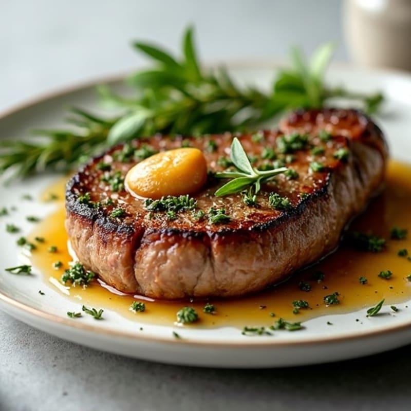 Herb-Crusted Pan Seared Steak with Roasted Garlic