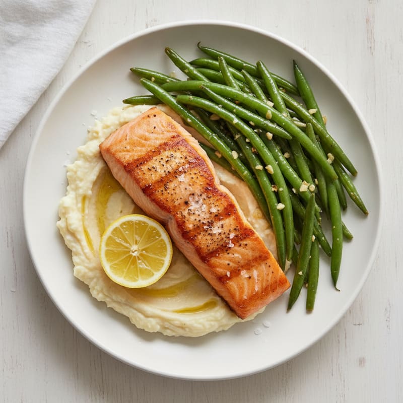 Seared Salmon Fillet with Garlic Green Beans and Cauliflower Mash