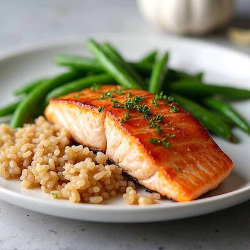 Seared Salmon with Garlicky Green Beans and Brown Rice
