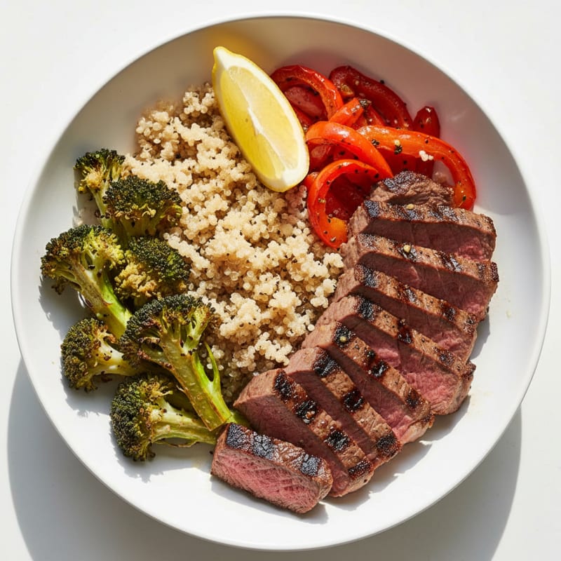 Grilled Steak and Quinoa Bowl with Roasted Broccoli and Red Peppers
