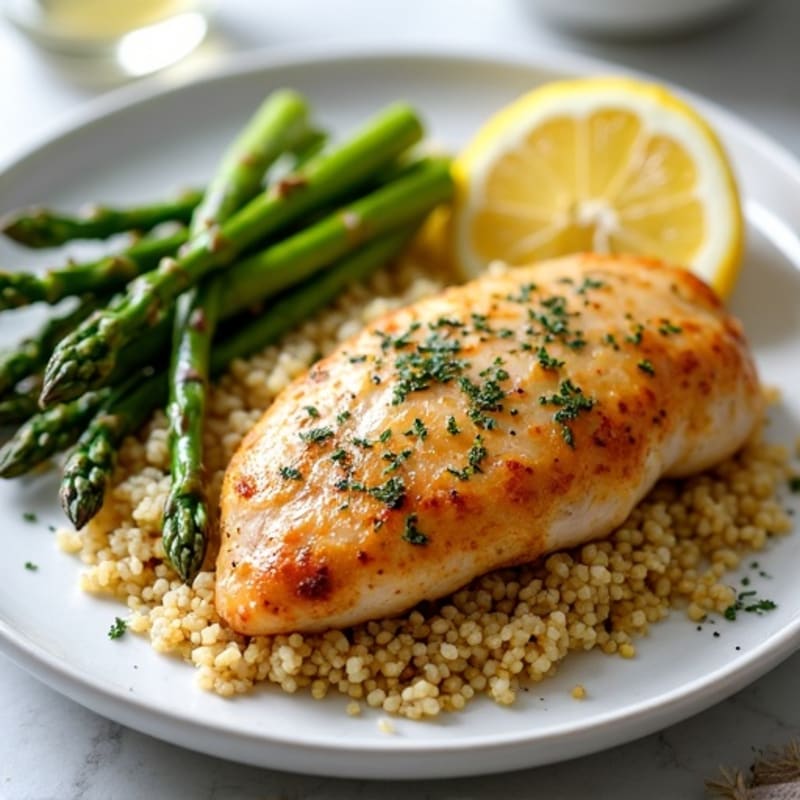 Crispy Lemon-Herb Roasted Chicken with Roasted Asparagus and Quinoa