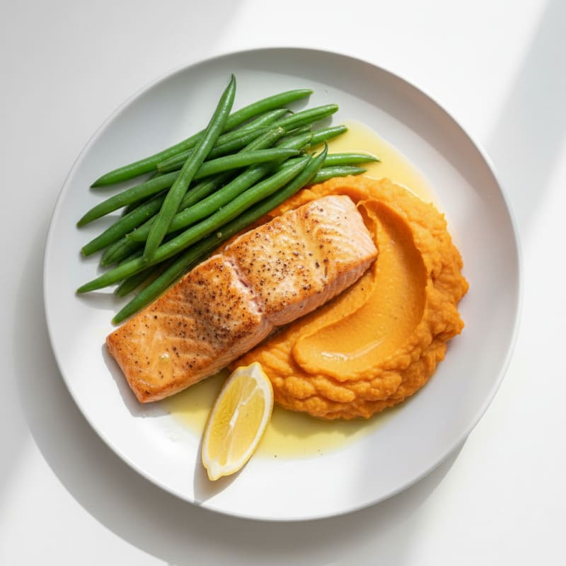 Baked Salmon Fillet with Steamed Green Beans and Sweet Potato Mash