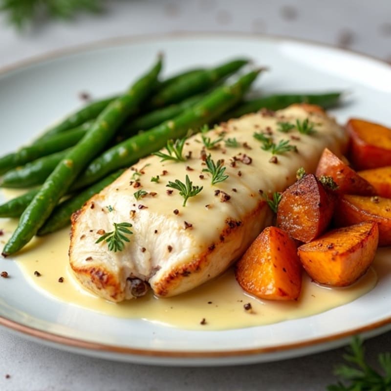 Creamy Coconut Chicken with Roasted Sweet Potatoes and Green Beans