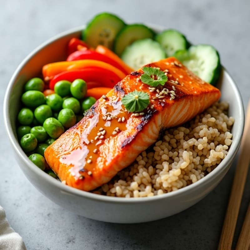 Sesame Ginger Salmon Brown Rice Bowl with Fresh Vegetables