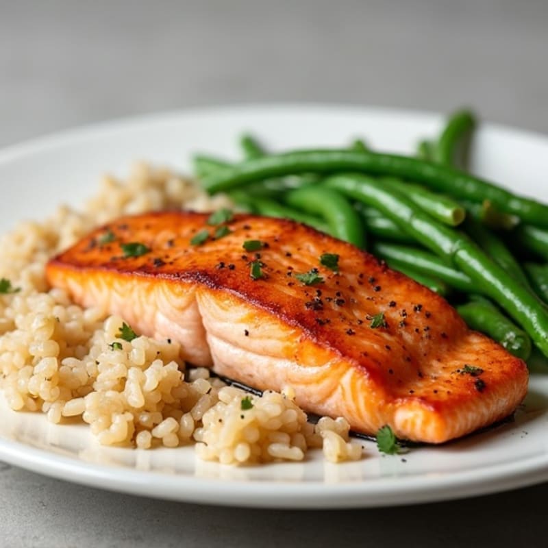 Seared Salmon Fillet with Steamed Green Beans and Brown Rice
