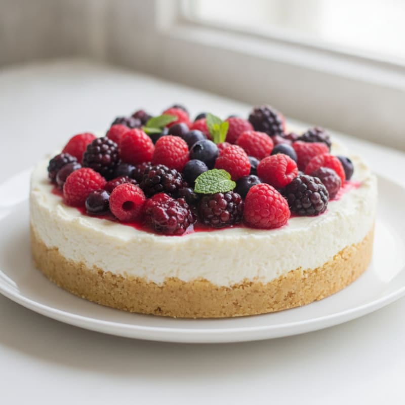 Greek Yogurt Protein Cheesecake with Mixed Berries