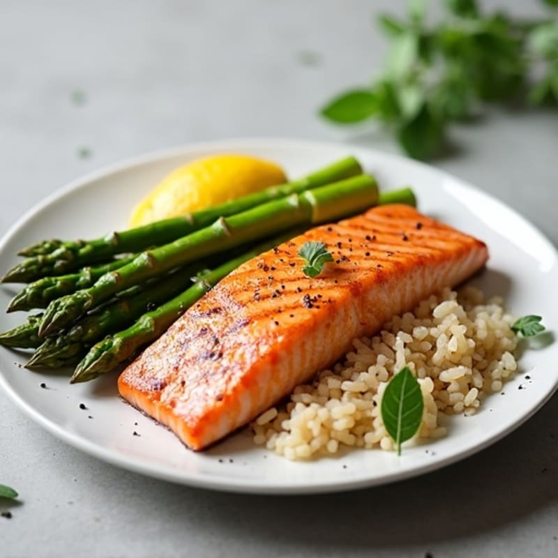 Seared Salmon Fillet with Steamed Asparagus and Brown Rice