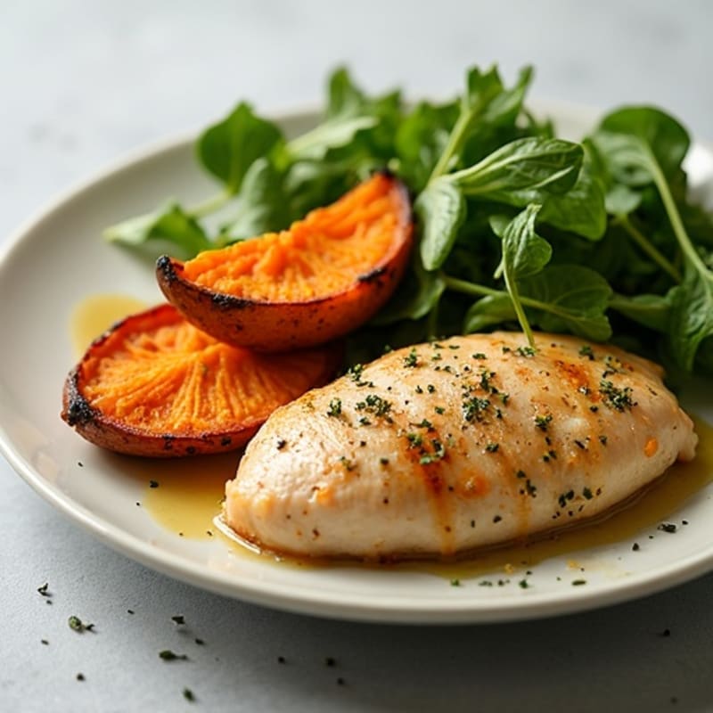 Herb-Roasted Chicken with Fresh Greens and Roasted Sweet Potato Wedges