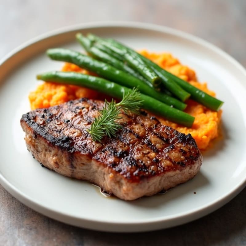 Seared Steak with Garlic Green Beans and Sweet Potato Mash