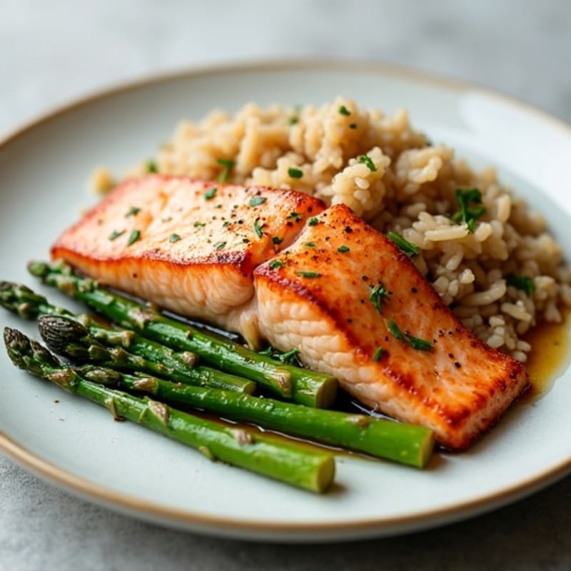 Seared Salmon with Steamed Asparagus and Brown Rice